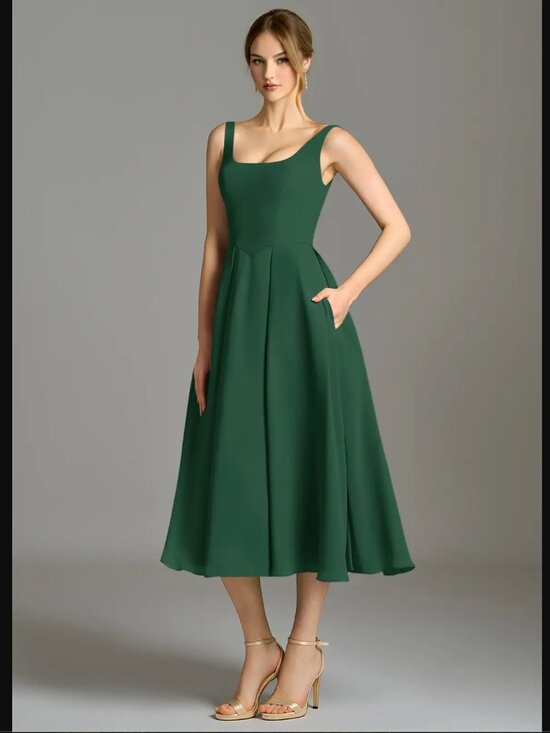 Azazie Dresses & Skirts - Amalie - Dark Green A-Line Pleated Chiffon Dress - A10/US8